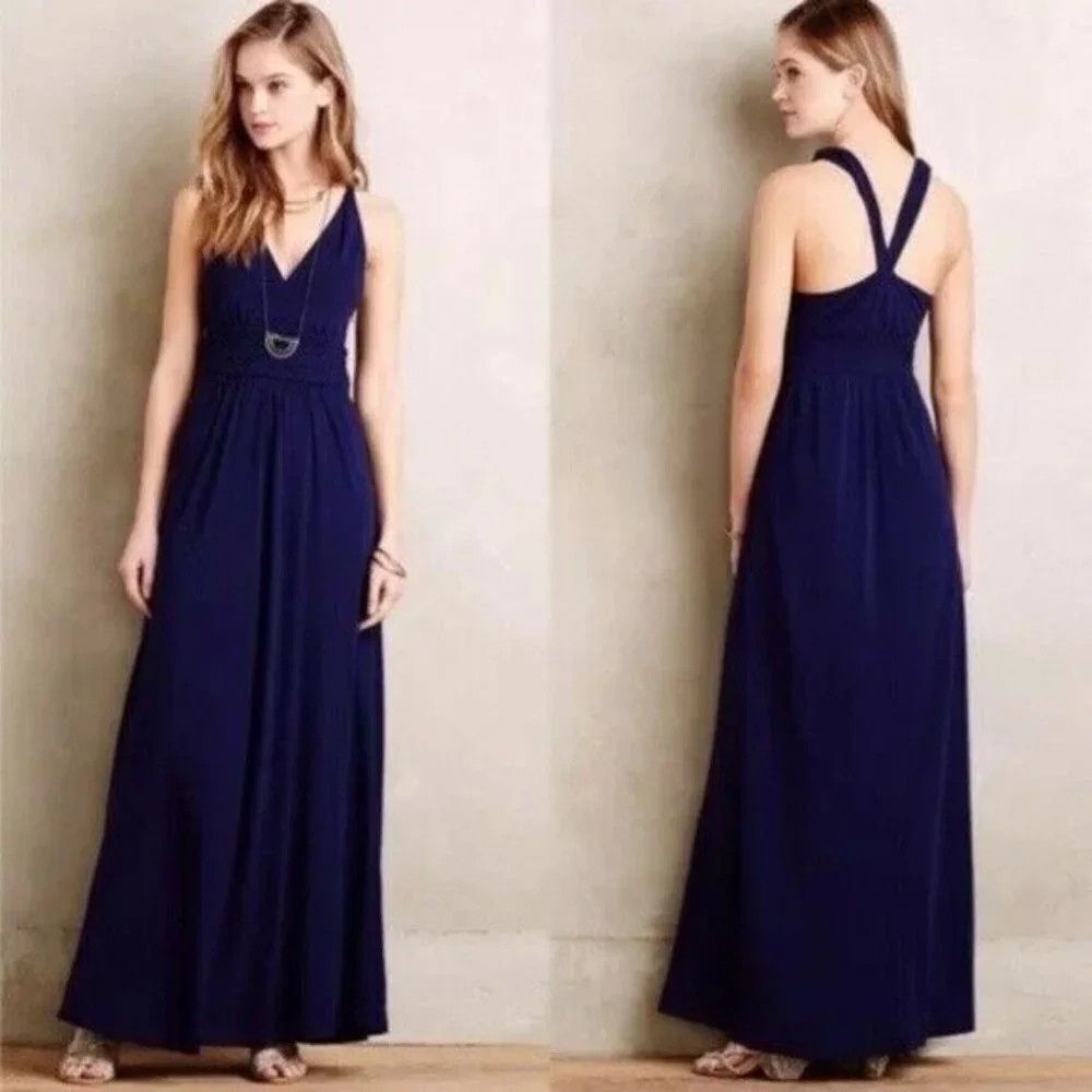 Maeve Yuma Dress 10 Blue Jersey Maxi Cross Back Braided Waist Sundress Strappy